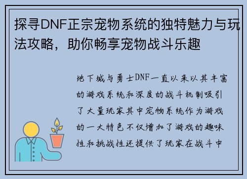 探寻DNF正宗宠物系统的独特魅力与玩法攻略，助你畅享宠物战斗乐趣
